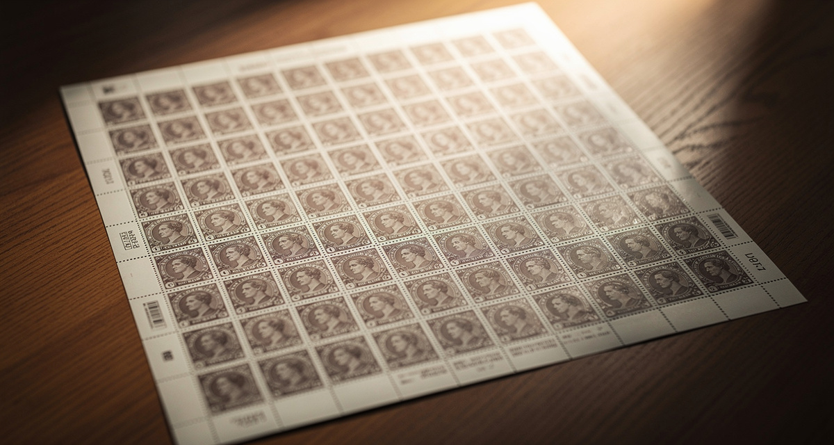 Briefmarkenbogen auf Sammler-Tisch mit Pinzette und Katalog
