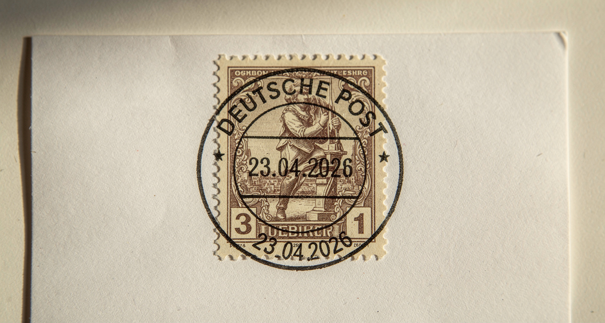 Gestempelte Briefmarke mit Vollstempel auf Briefmarkenalbum-Seite, Pinzette daneben