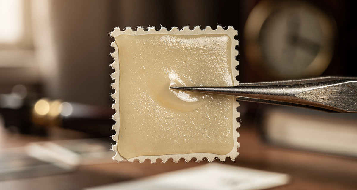 Briefmarken-Gummierung: Rückseite einer klassischen Marke mit sichtbarer Klebstoffschicht unter Streiflicht