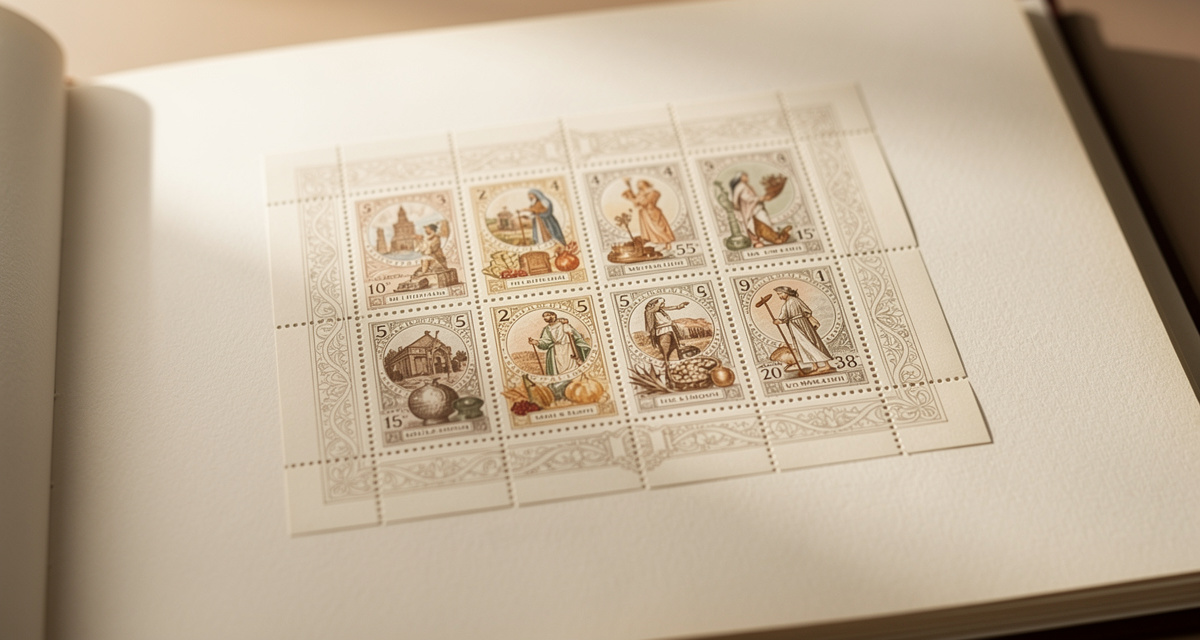 Kleinbogen mit 10 Briefmarken in 2x5-Anordnung auf Sammler-Tisch mit Pinzette und Katalog
