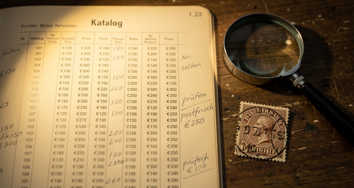Briefmarken Michelwert ablesen: Michel-Katalog mit Lupe und Pinzette auf Schreibtisch