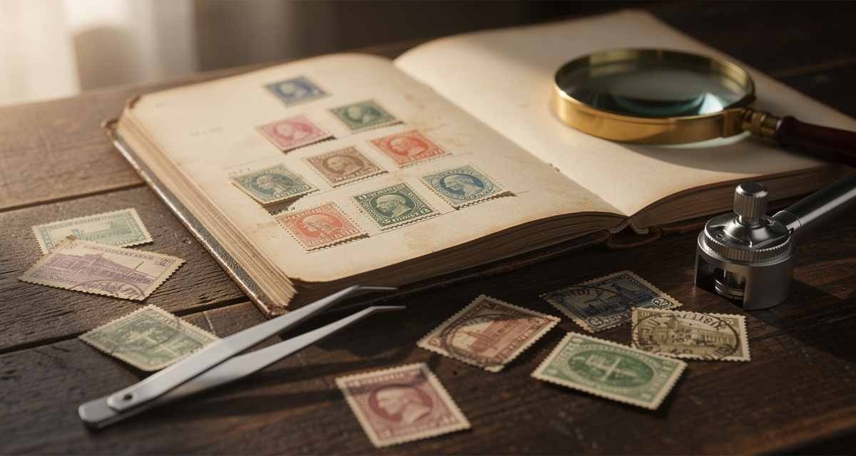 Philatelie: Briefmarkenalbum mit historischen Postwertzeichen und Lupe auf antikem Holzschreibtisch