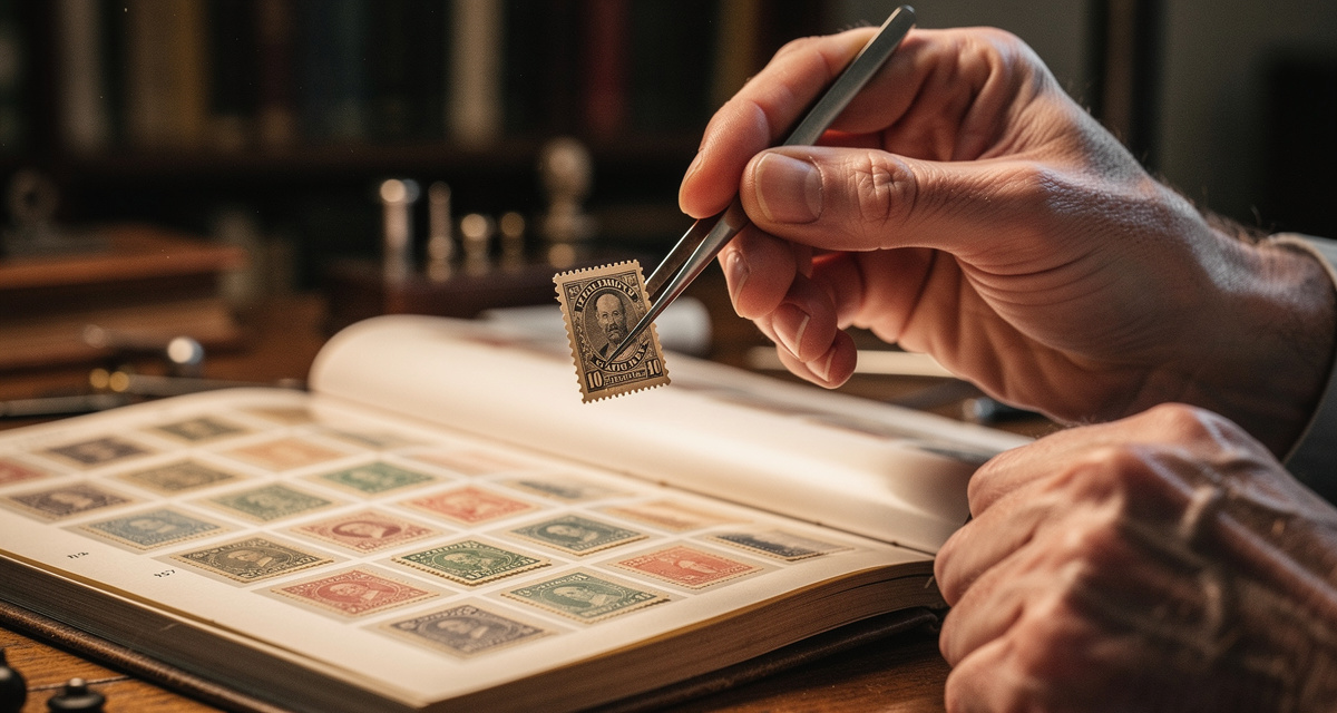Philatelist mit Lupe und Briefmarkenalbum am Schreibtisch