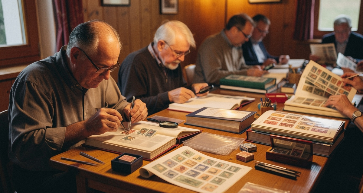 Philatelisten bei einem Ortsvereins-Abend mit Briefmarkenalben und Lupen
