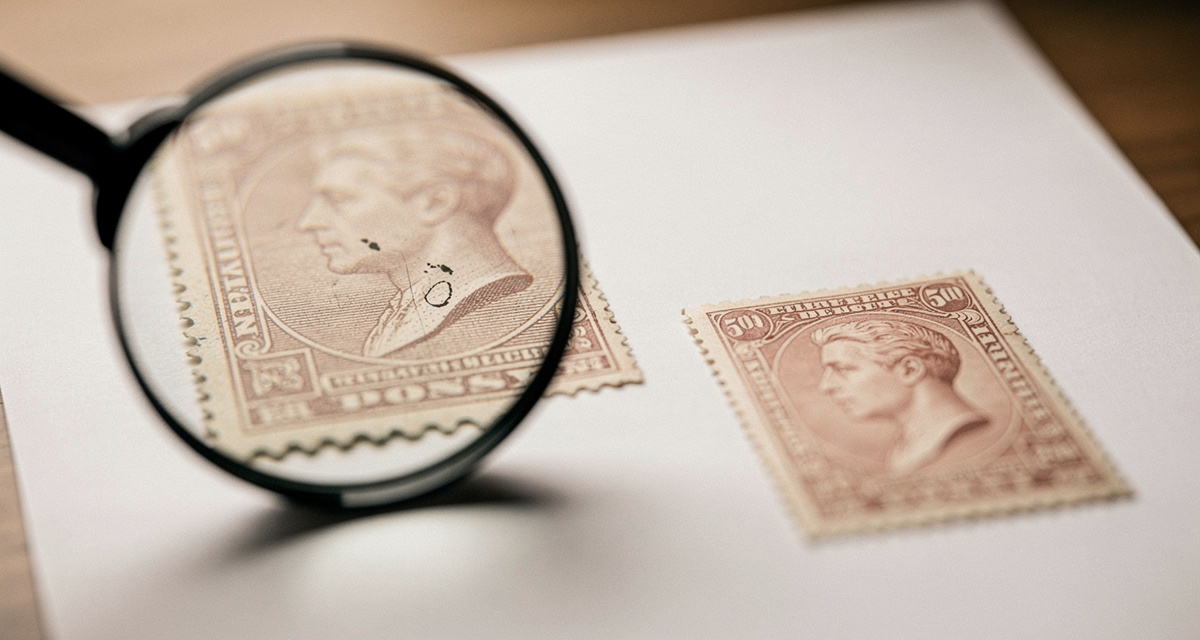 Briefmarken Plattenfehler Prüfung mit Lupe auf Sammlertisch