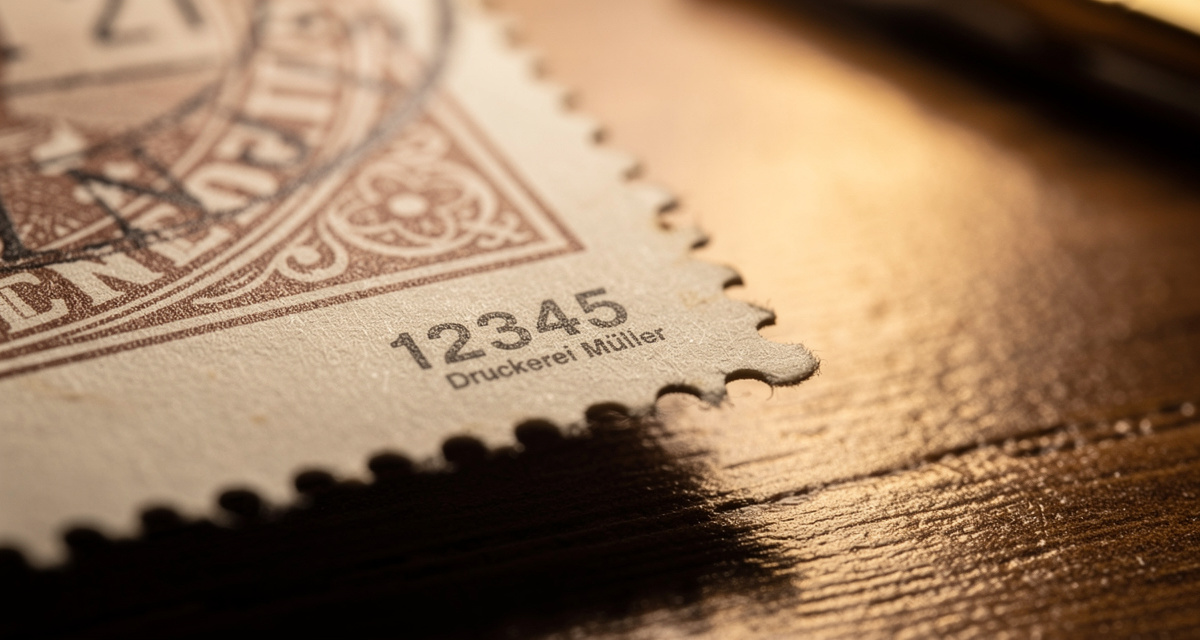 Plattennummer 44 am Unterrand eines Briefmarkenbogens unter der Lupe