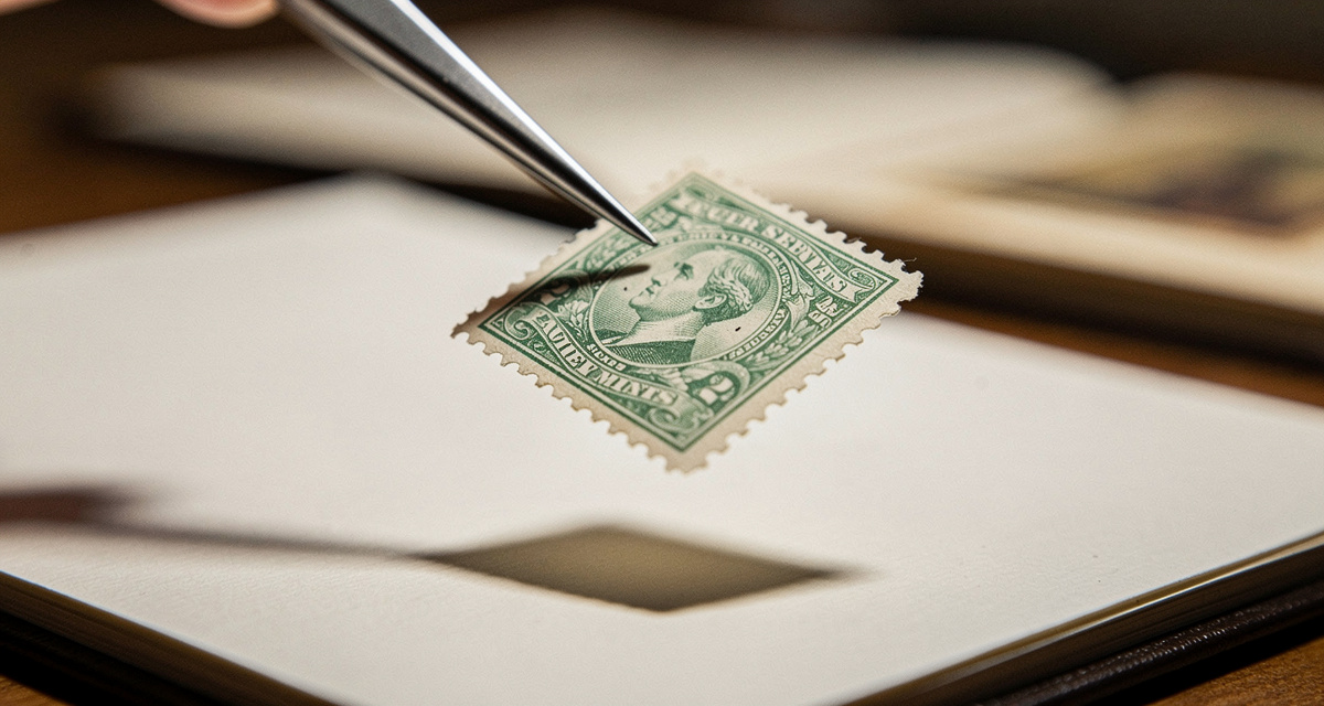 Postfrische Briefmarke auf Samt mit Philatelie-Pinzette, Rueckseite mit Originalgummierung sichtbar