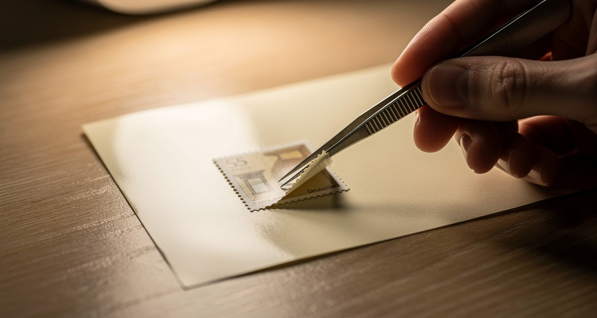 Selbstklebende Briefmarken im Markenset neben klassischem Briefmarken-Album
