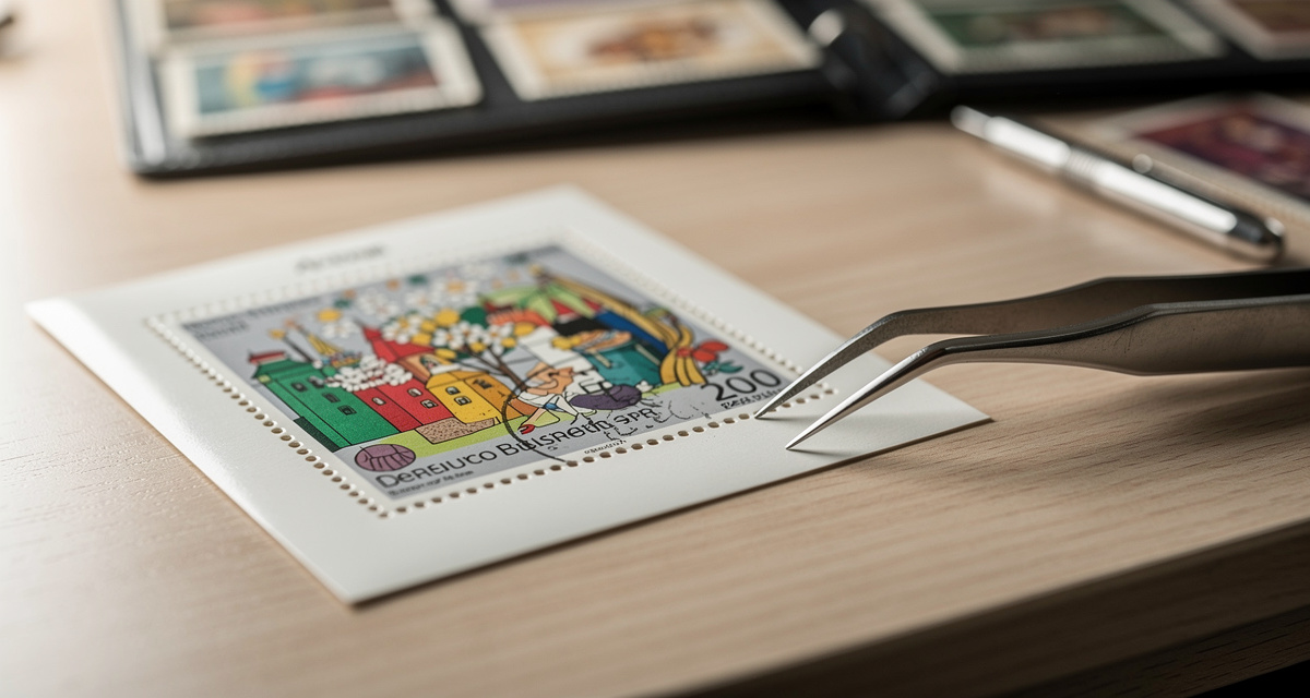 Sondermarke mit Anlass-Motiv, gezaehnte Briefmarke in Nahaufnahme