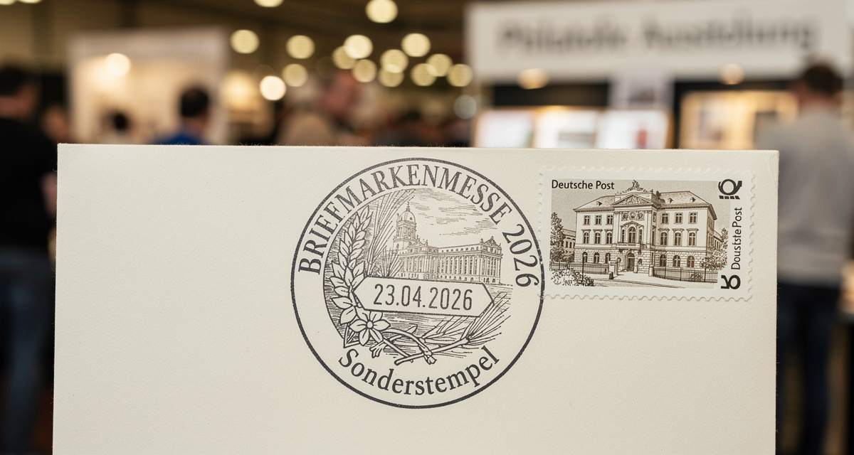 Sonderstempel auf Briefumschlag mit Briefmarkenalbum und Lupe