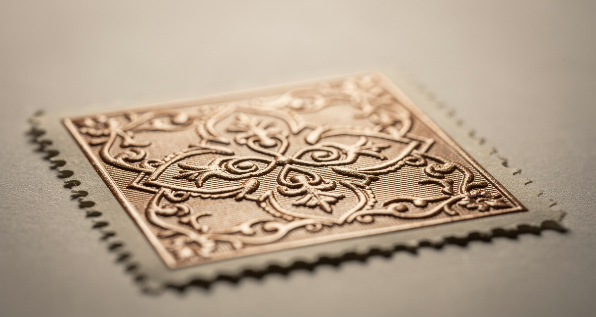 Stichtiefdruck Briefmarken: Graveur-Arbeitsplatz mit Stichel, Kupferplatte und klassischer Briefmarke unter Lupe