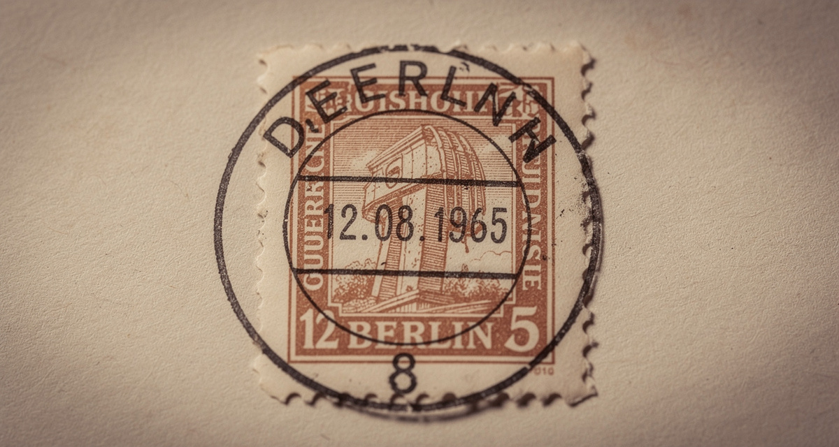 Tagesstempel auf Briefmarke mit Lupe und Pinzette auf Holztisch