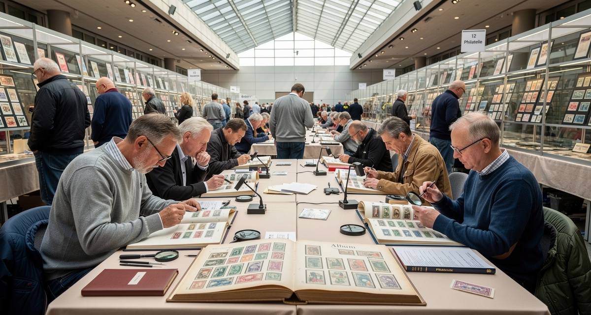 Briefmarkenmessen Deutschland: Händlerstände in einer großen Messehalle