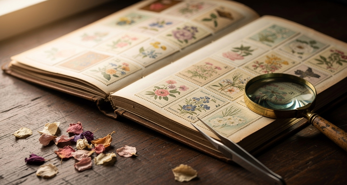 Blumen-Briefmarken im Sammleralbum mit Lupe und Pinzette