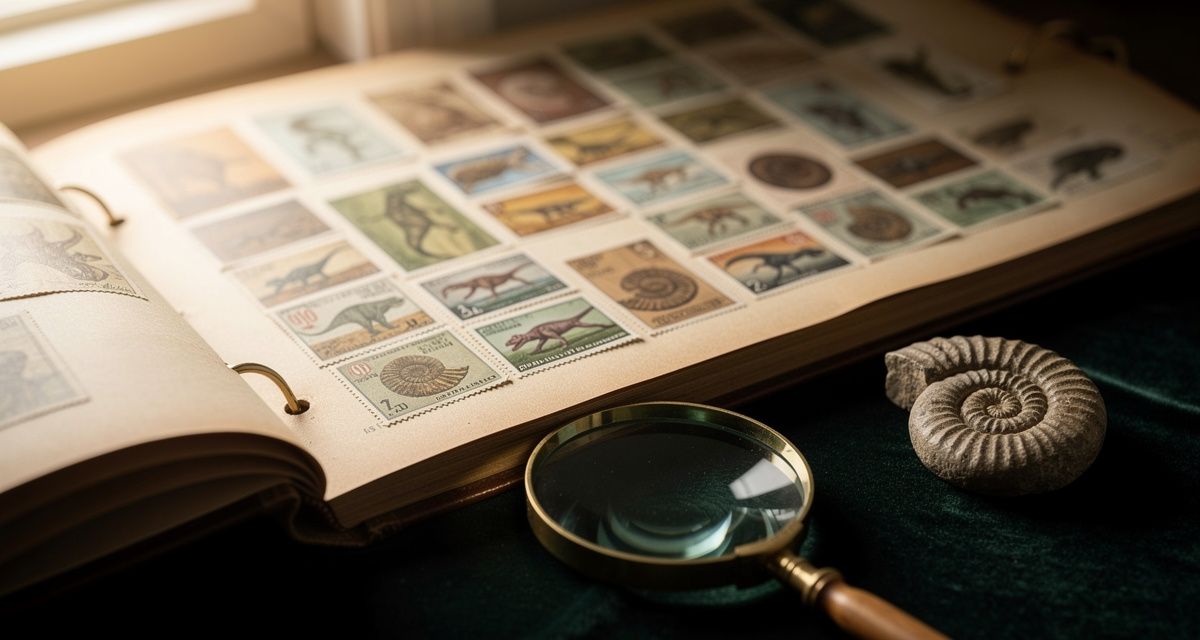 Dinosaurier-Briefmarken im Sammelalbum mit Lupe und Pinzette