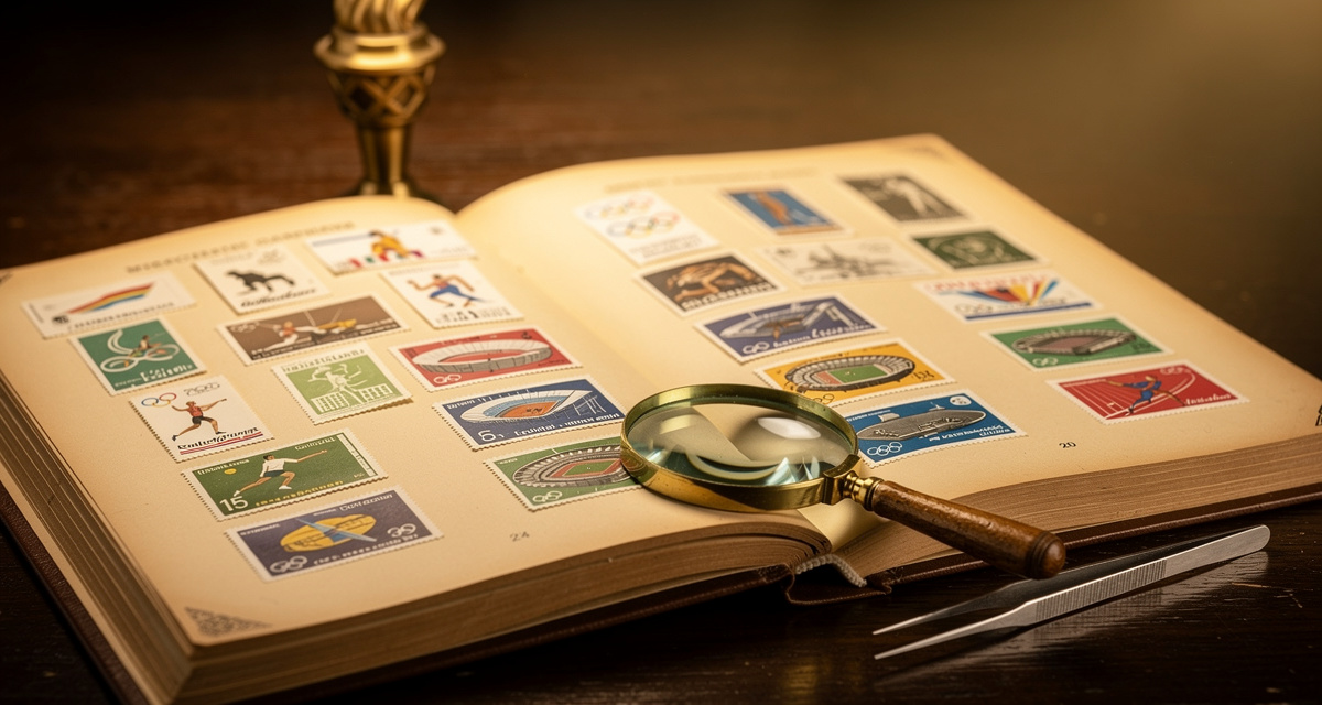Briefmarkenalbum mit Olympia-Briefmarken, Lupe und Pinzette auf Samthintergrund