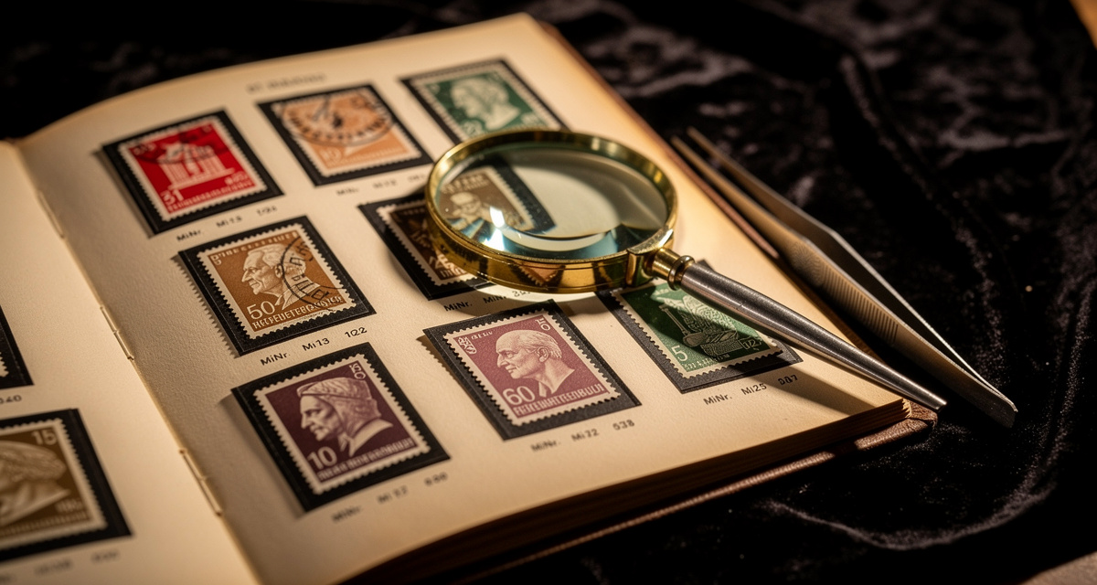 BRD-Briefmarken im Sammelalbum mit Lupe und Pinzette