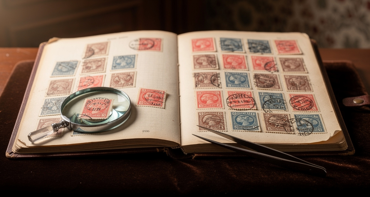 Polen Briefmarken Album mit Lupe und Pinzette auf Samtuntergrund