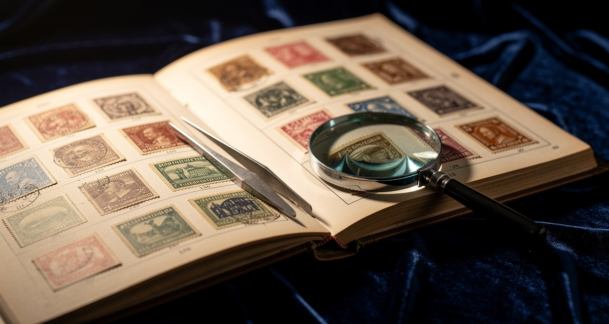 Preußen-Briefmarken Album mit Lupe und Pinzette, Altdeutschland 1850-1867