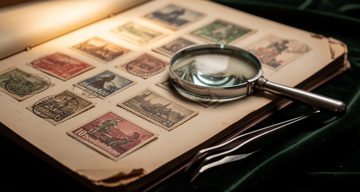 SBZ-Briefmarken im Sammelalbum mit Lupe und Pinzette