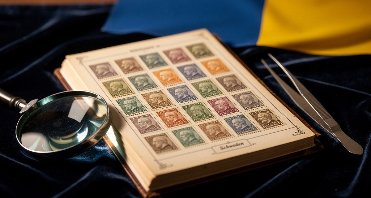 Schweden-Briefmarken Album mit klassischen Sverige-Ausgaben und Sammler-Zubehör