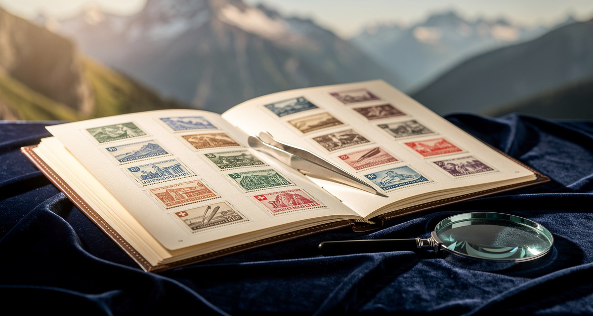 Schweiz Briefmarken Sammlung im Album mit Lupe und Pinzette