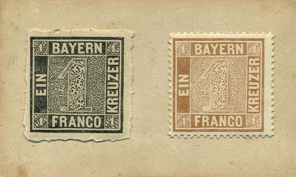 Vergleich Schwarzer Einser 1849 ungezaehnt und Jubilaeumsausgabe 1949 gezaehnt nebeneinander