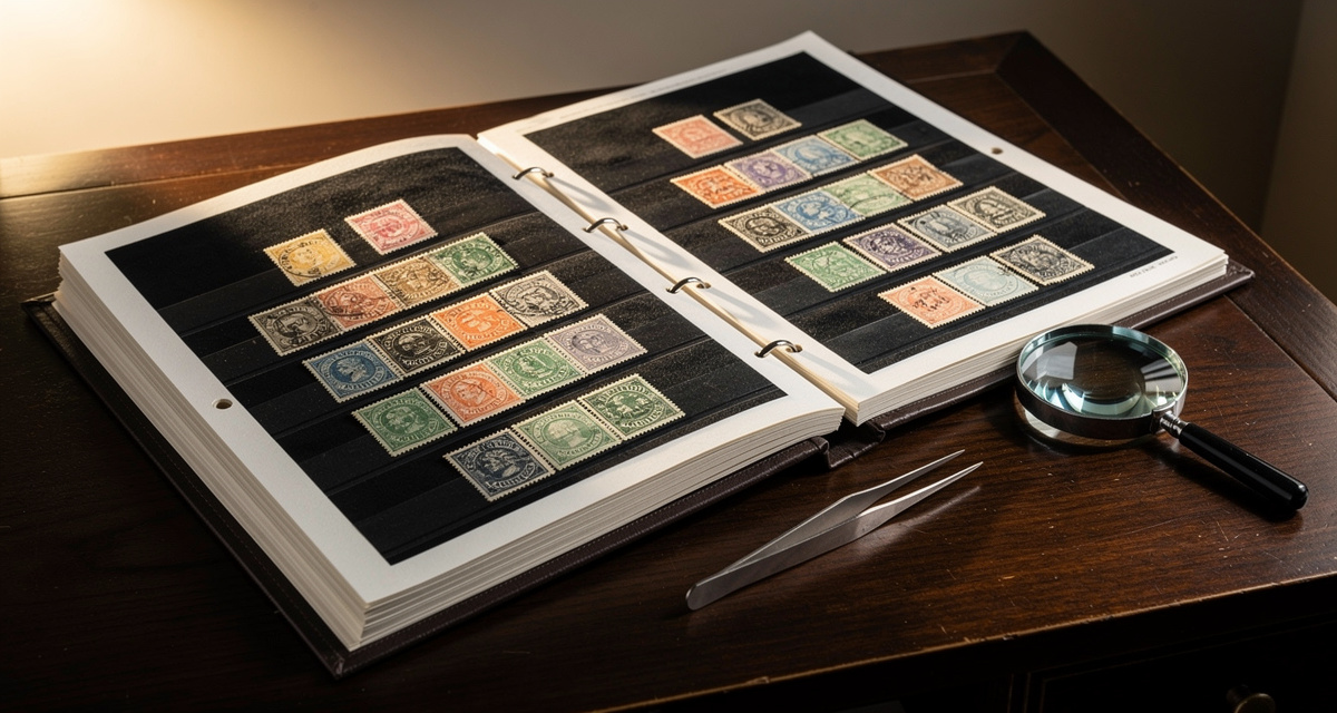 Seltene Briefmarken auf Holztisch mit Lupe und Katalog