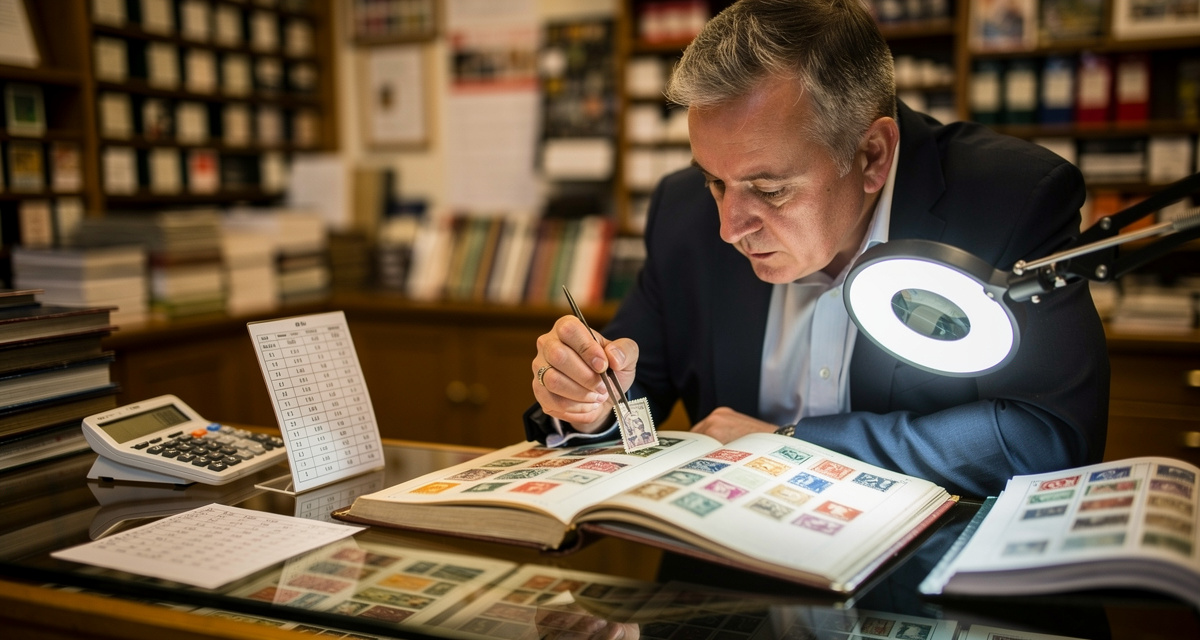 Briefmarken Ankauf beim Fachhändler: Vordruckalben und Lupe auf dem Beratungstisch