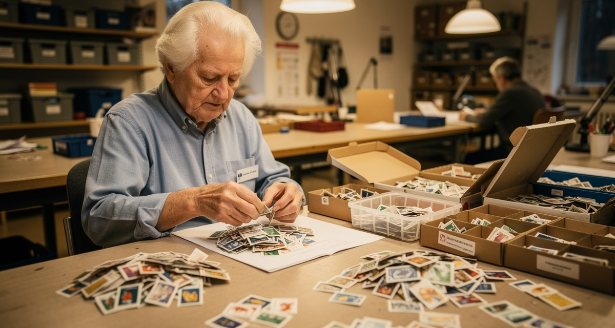 Bethel Briefmarkensammlung spenden - Pakete und Album auf Holztisch