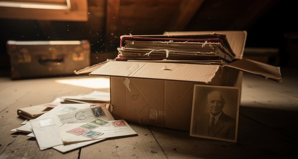 Geerbte Briefmarkensammlung mit Alben und Mappe auf einem Holztisch