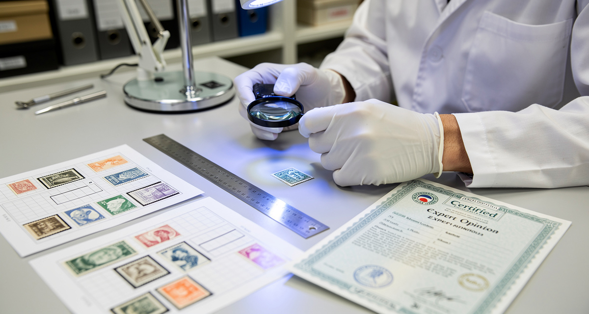 Briefmarken schätzen lassen - Prüfer mit Lupe und Pinzette bei der Begutachtung