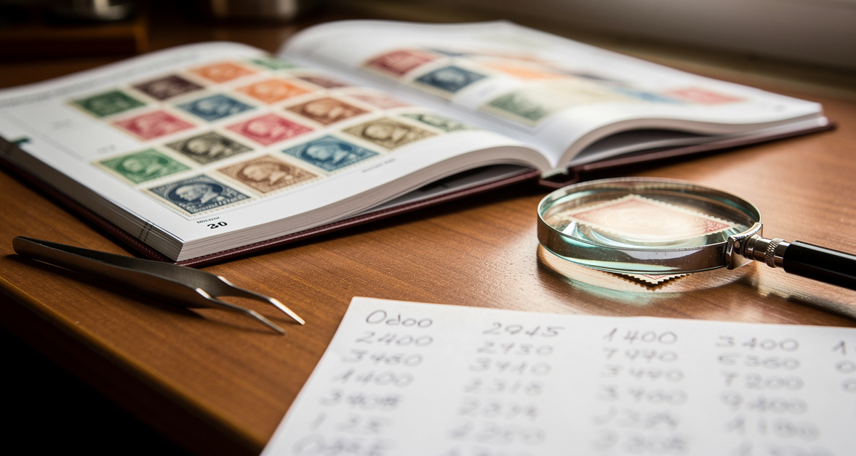 Lupe auf Briefmarken-Album bei der Wertermittlung