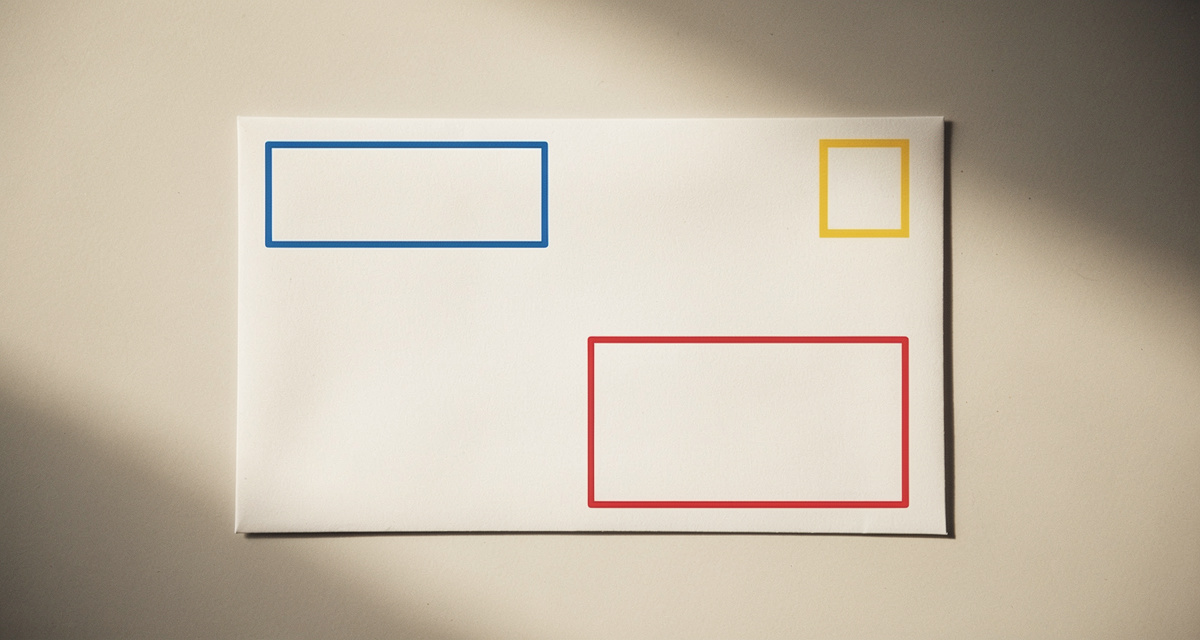 Briefumschlag mit Absender oben links, Empfänger unten rechts und Briefmarke oben rechts