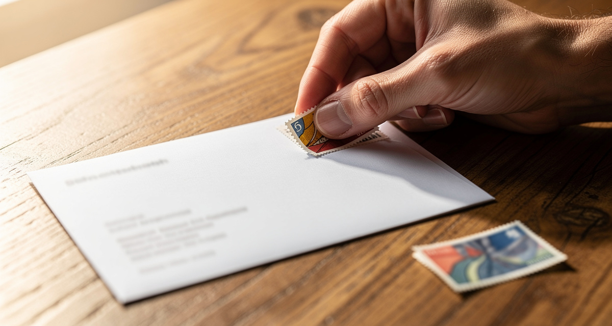 Briefmarke aufkleben: Briefumschlag mit Marke oben rechts