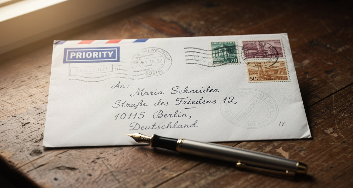 Auslandsbrief mit blauem Priority-Aufkleber und internationalen Poststempeln