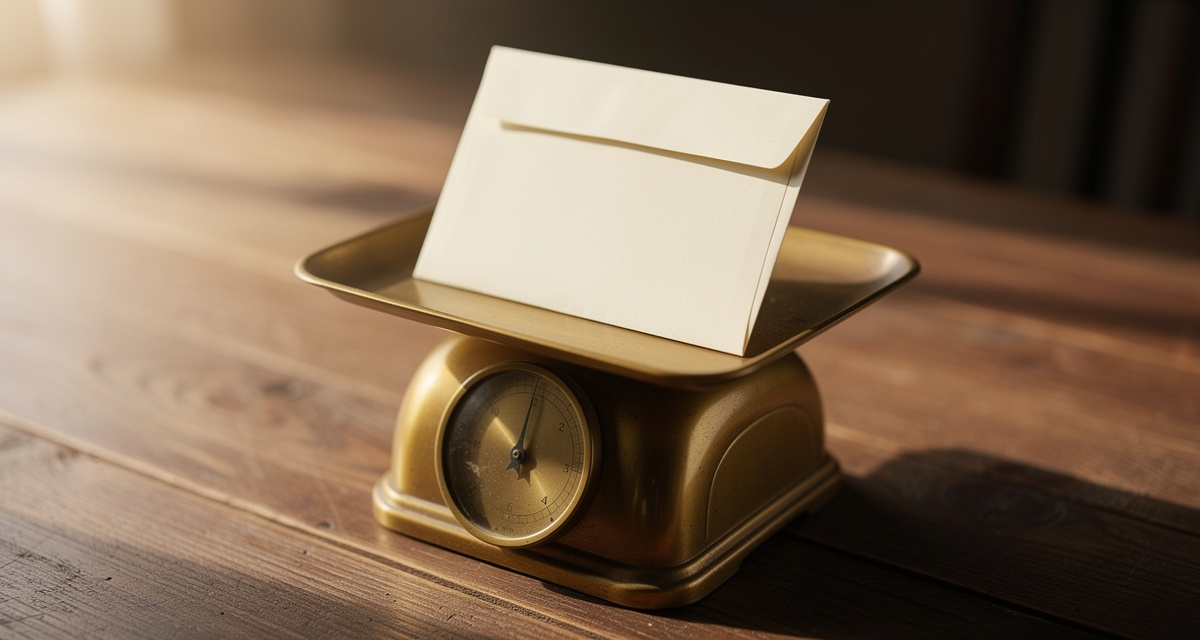 Brief auf Briefwaage zur Gewichtspruefung vor dem Frankieren