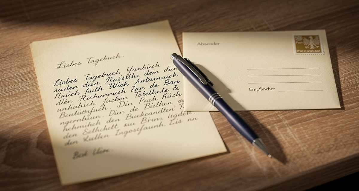 Schreibtisch mit Brief, Briefumschlag, Kugelschreiber und Briefmarke fur das Brief schreiben