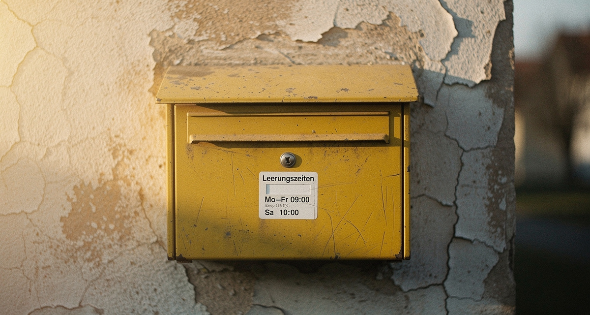 Gelber Briefkasten der Deutschen Post an einer Hauswand mit Leerungszeiten-Aufkleber