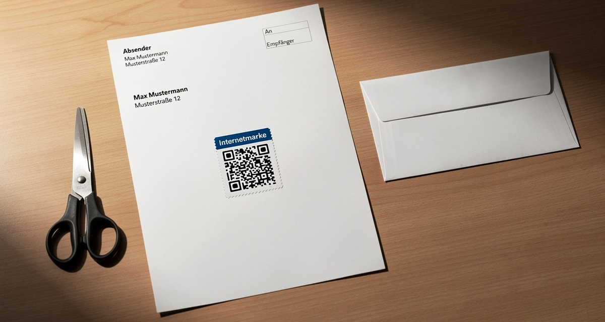 Ausgedruckte Internetmarke auf DIN-A4-Papier neben Briefumschlag und Schere