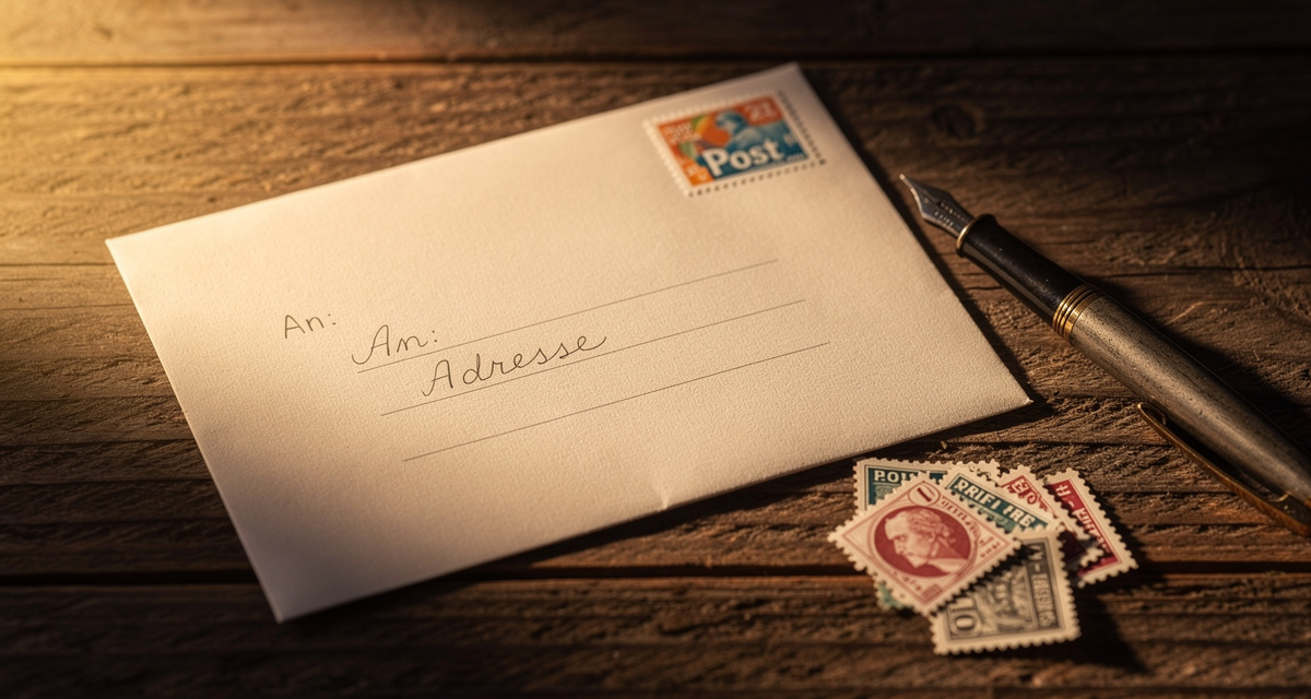 Briefumschlag mit Briefmarke auf Holztisch - Briefporto 2026