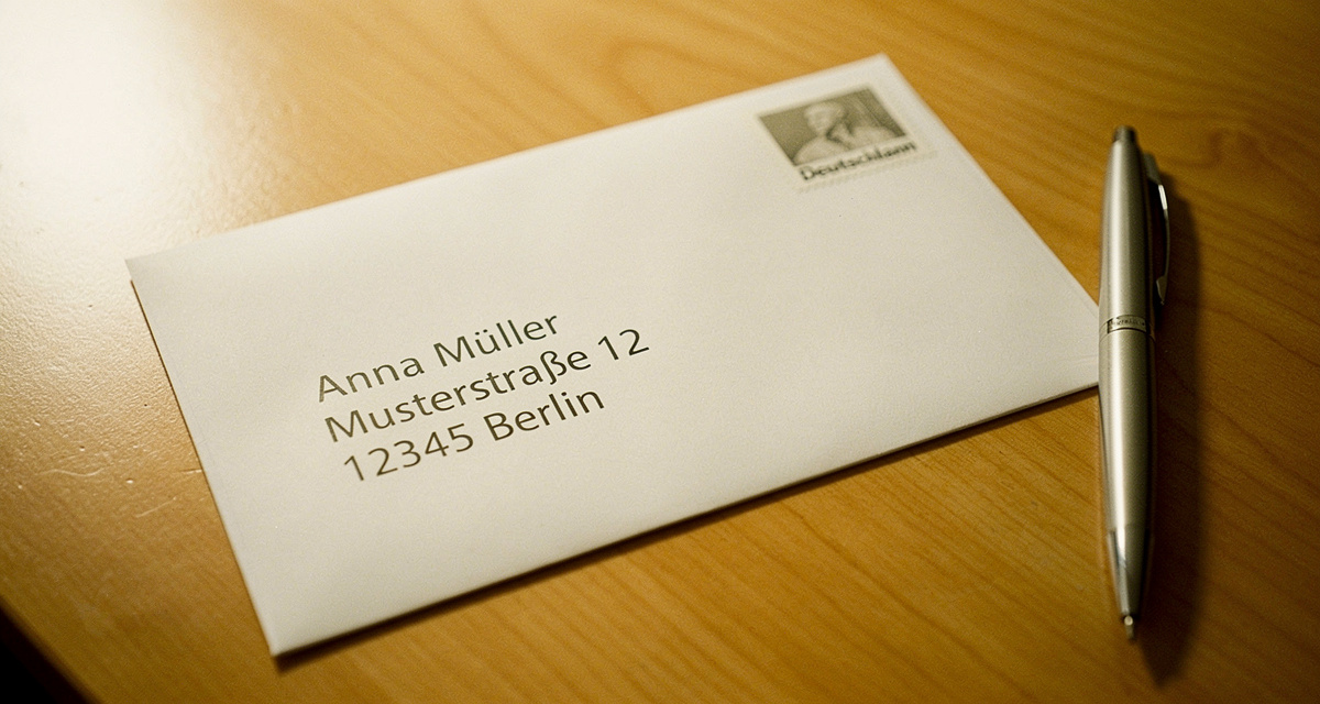 Briefumschlag adressieren: Nahaufnahme mit handgeschriebener Adresse und Briefmarke