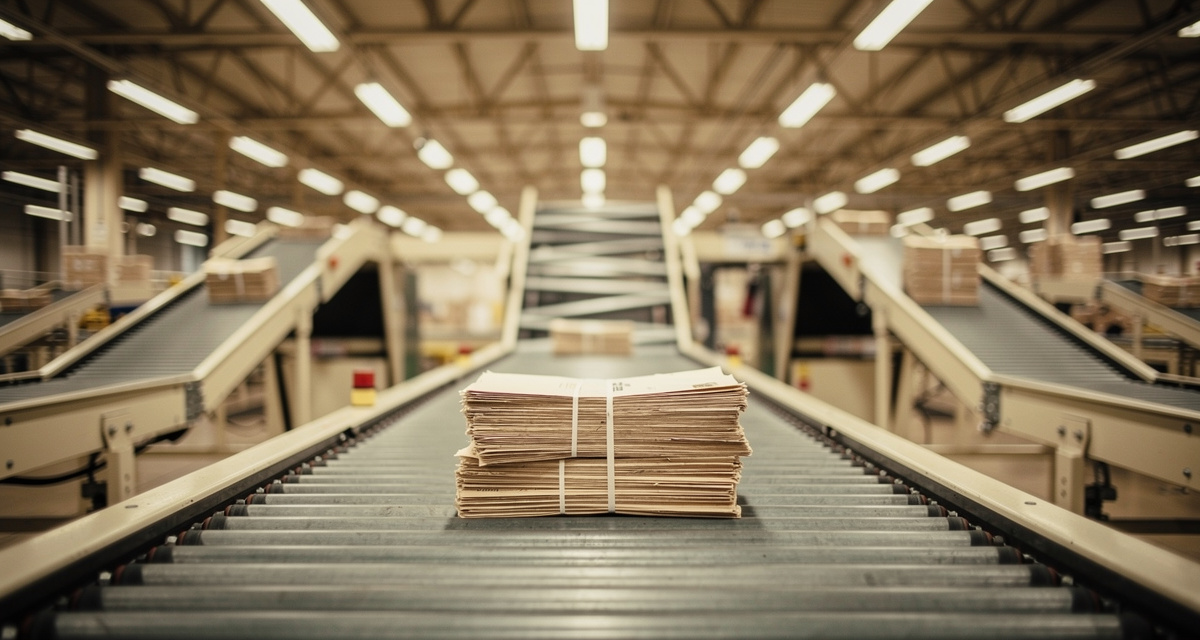 Briefzentrum Sortieranlage mit Foerderbaendern und Briefbuendeln