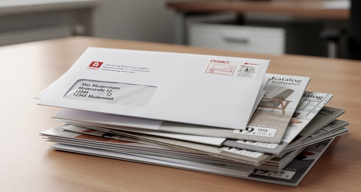 Dialogpost-Sendungen auf einem Schreibtisch, adressierte Werbebriefe und Kataloge