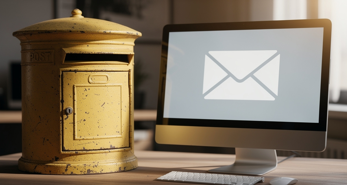 Analoger Briefkasten neben digitalem Bildschirm als Symbol fuer E-Post der Deutschen Post