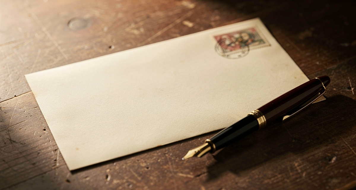 Briefumschlag mit Briefmarke frankiert auf Holzschreibtisch