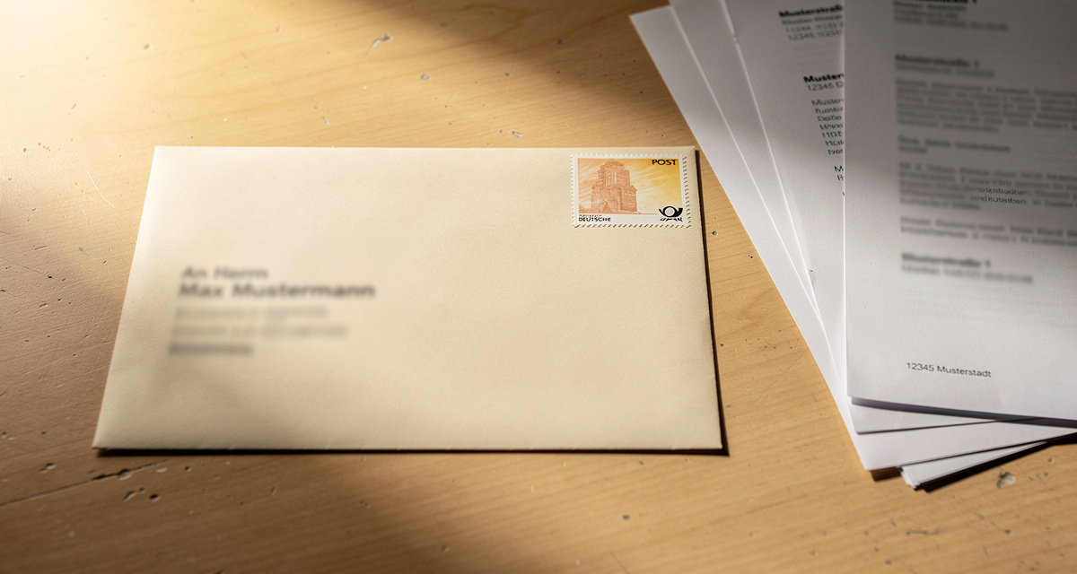 Großbrief mit Briefmarke auf Schreibtisch, daneben DIN-A4-Dokumente