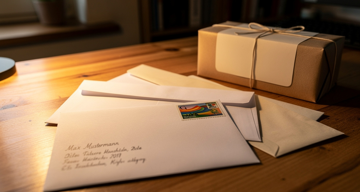 Frankierter Brief, Pakete und Briefmarken auf einem Schreibtisch - Versandübersicht 2026