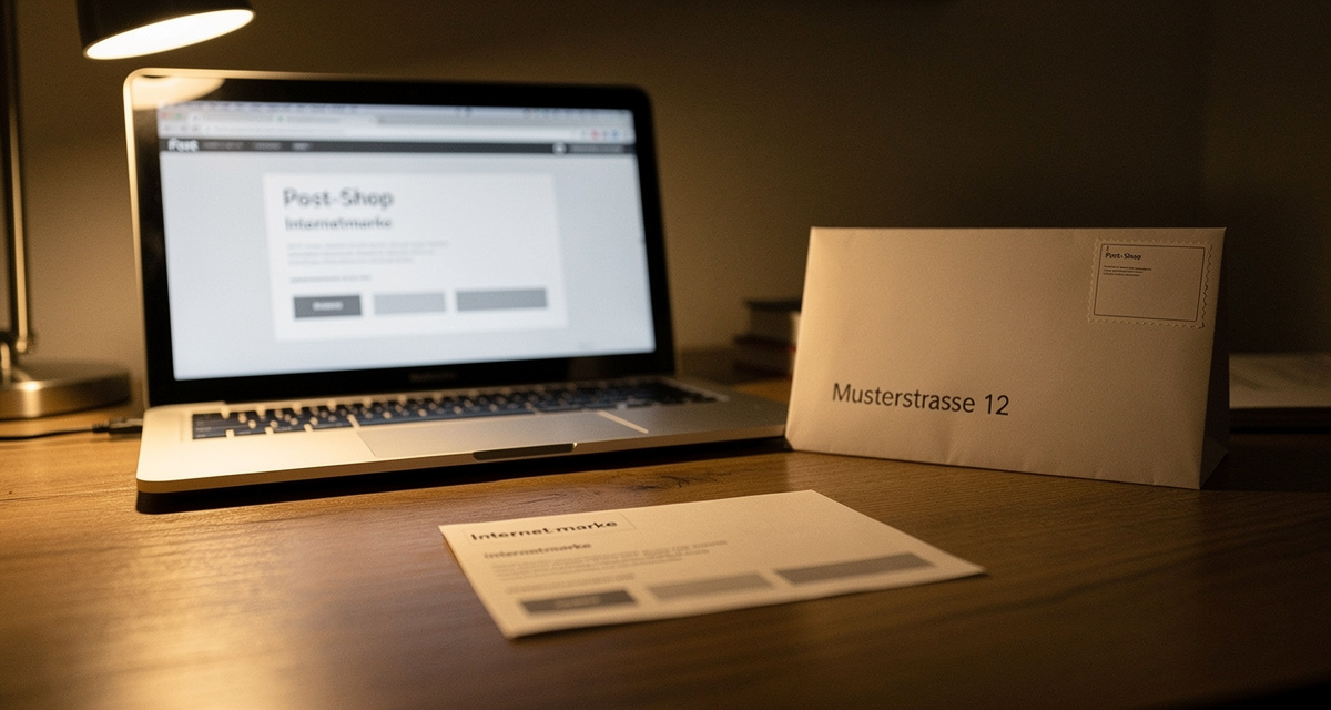 Internetmarke ausdrucken am Laptop, Briefumschlag auf Schreibtisch