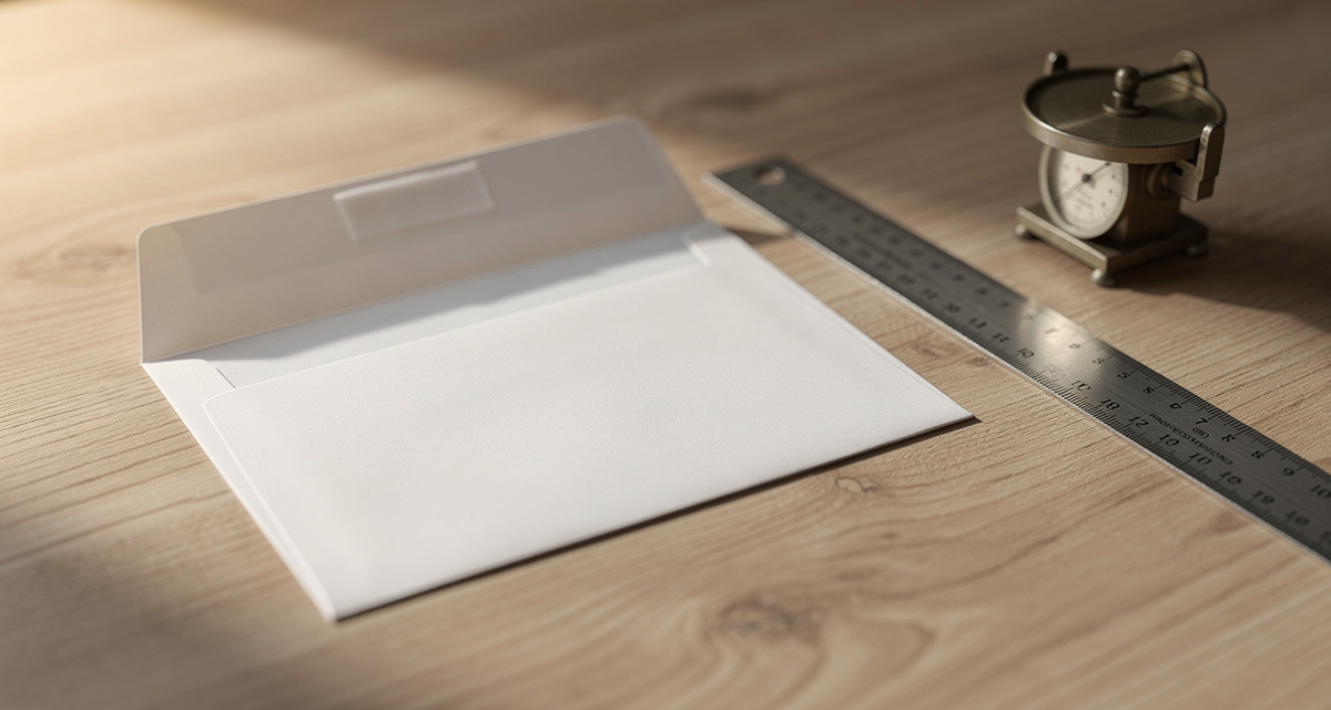 Kompaktbrief auf Holztisch mit Lineal und Briefwaage